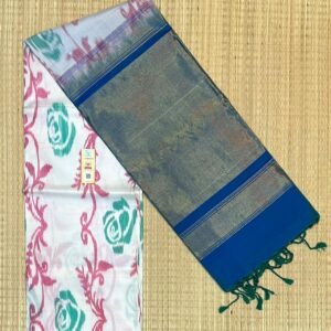 Elegant White & Teal Ikat Pochampally Silk Saree