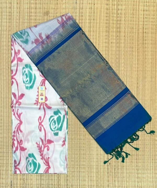 Elegant White & Teal Ikat Pochampally Silk Saree