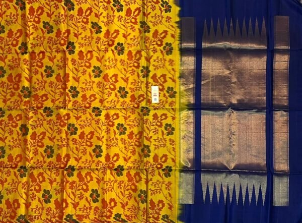 Golden Zari Pochampally Ikat Silk Saree with Blue Border