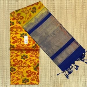 Golden Zari Pochampally Ikat Silk Saree with Blue Border