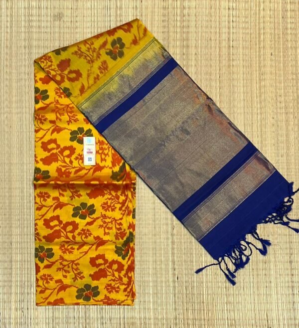 Golden Zari Pochampally Ikat Silk Saree with Blue Border