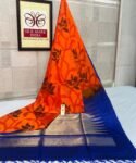Vibrant Orange Pochampally Ikat Silk Saree with Gold Zari Blue Border
