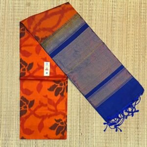 Vibrant Orange Pochampally Ikat Silk Saree with Gold Zari Blue Border