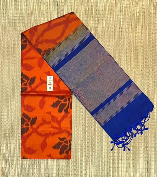 Vibrant Orange Pochampally Ikat Silk Saree with Gold Zari Blue Border