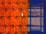 Vibrant Orange Pochampally Ikat Silk Saree with Gold Zari Blue Border