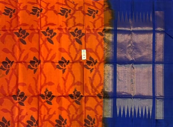 Vibrant Orange Pochampally Ikat Silk Saree with Gold Zari Blue Border