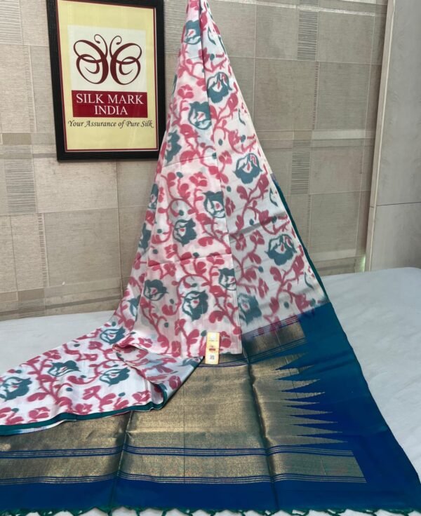 Pure White Pochampally Ikat Silk Saree with Gold Zari Teal Border