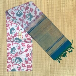 Pure White Pochampally Ikat Silk Saree with Gold Zari Teal Border