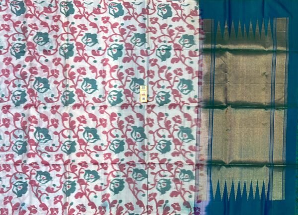 Pure White Pochampally Ikat Silk Saree with Gold Zari Teal Border