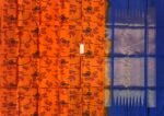 Pure Pochampally Ikat Silk Saree in Pearl White & Royal Blue with Gold Zari Temple Border