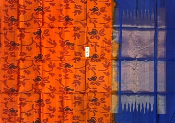 Pure Pochampally Ikat Silk Saree in Pearl White & Royal Blue with Gold Zari Temple Border
