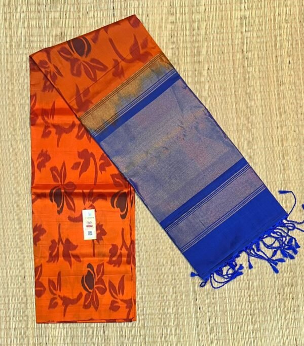 Pure Pochampally Ikat Silk Saree in Pearl White & Royal Blue with Gold Zari Temple Border