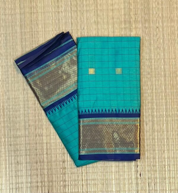 Azure Zari Fusion: Focuses on the blend of the cotton-mix texture and the metallic gold sheen