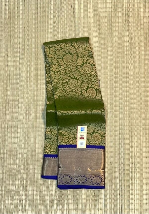 Royal Olive Green Kanchipuram Silk Saree with Majestic Gold Zari & Royal Blue Border