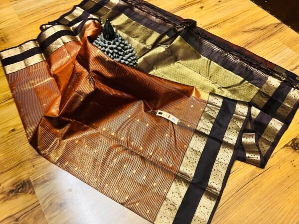 Regal Copper Gold Zari Silk Saree with Classic Black Border
