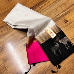 Elegant White Silk Saree with Black Gold Zari Contrast Border & Pink Pallu