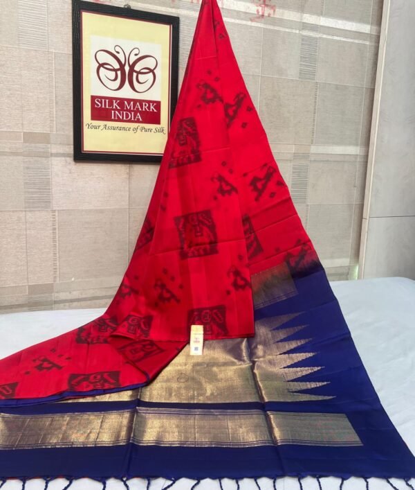 Elegant Red & Navy Pochampally Ikat Saree with Rich Gold Zari Border