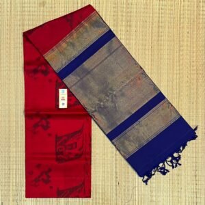 Elegant Red & Navy Pochampally Ikat Saree with Rich Gold Zari Border