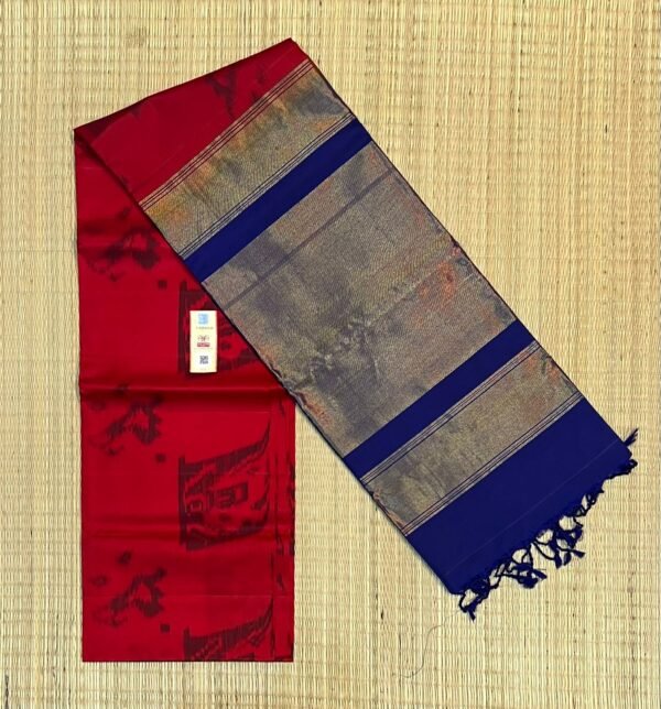 Elegant Red & Navy Pochampally Ikat Saree with Rich Gold Zari Border