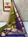 Royal Olive Green Kanchipuram Silk Saree with Majestic Gold Zari & Royal Blue Border