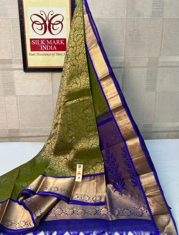 Royal Olive Green Kanchipuram Silk Saree with Majestic Gold Zari & Royal Blue Border