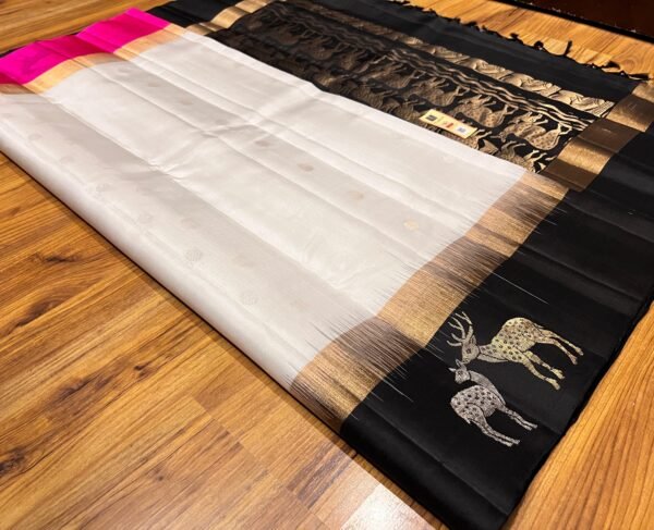 Elegant White Silk Saree with Black Gold Zari Contrast Border & Pink Pallu