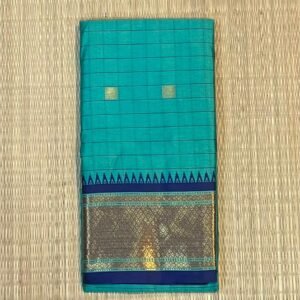 Azure Zari Fusion: Focuses on the blend of the cotton-mix texture and the metallic gold sheen