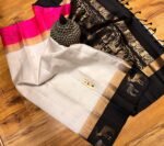 Elegant White Silk Saree with Black Gold Zari Contrast Border & Pink Pallu