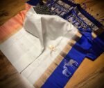 Elegant White Gold Zari Silk Saree with Royal Blue Deer Motif Border