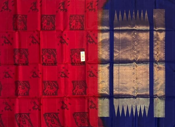 Elegant Red & Navy Pochampally Ikat Saree with Rich Gold Zari Border