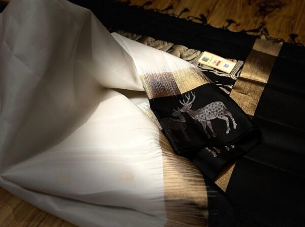 Elegant White Silk Saree with Black Gold Zari Contrast Border & Pink Pallu