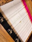 Elegant White Silk Saree with Black Gold Zari Contrast Border & Pink Pallu