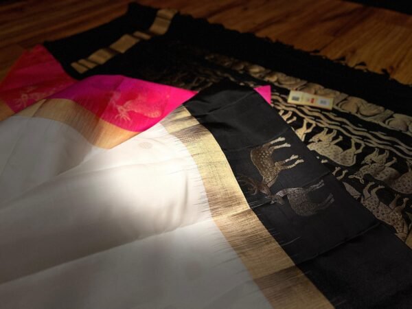 Elegant White Silk Saree with Black Gold Zari Contrast Border & Pink Pallu