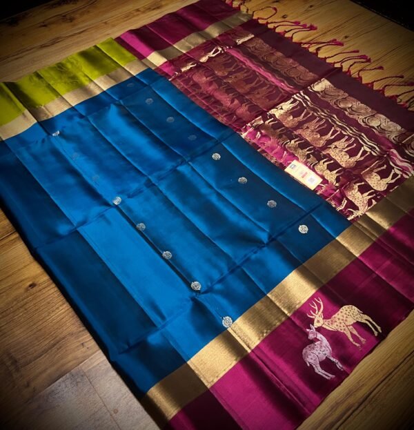Royal Blue Silk Saree with Lime Green & Magenta Gold Zari Contrast Border