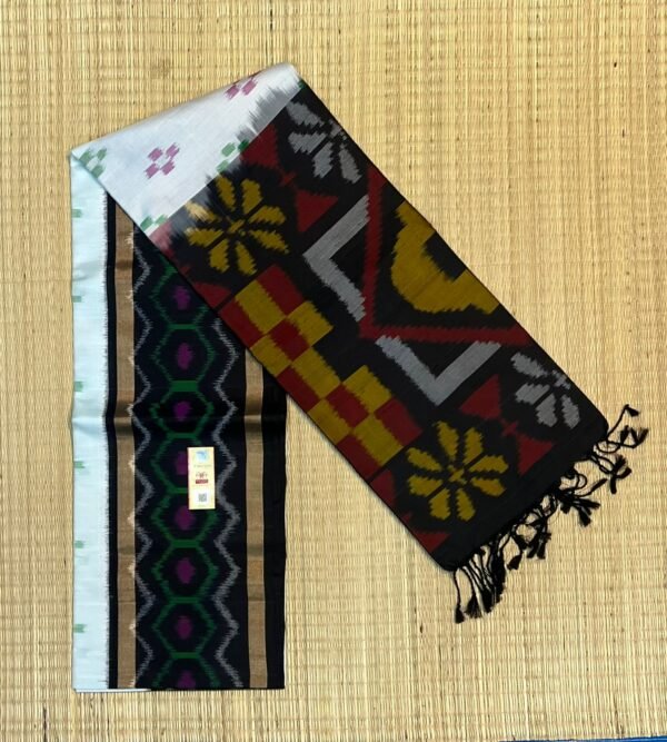 Elegant Off-White Ikat Silk Saree with Black Contrast Pallu