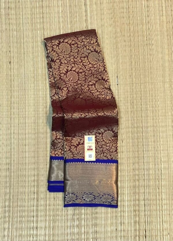 Regal Maroon Kanchipuram Silk Saree with Rich Gold Zari Weaving & Royal Blue Border