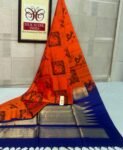 Vibrant Orange Pochampally Ikat Saree with Royal Blue & Gold Zari Pallu
