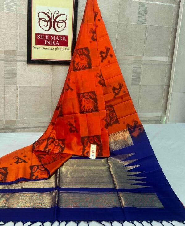 Vibrant Orange Pochampally Ikat Saree with Royal Blue & Gold Zari Pallu