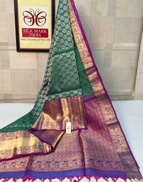 Classic Emerald Green & Magenta Pure Silk Saree with Grand Zari Border