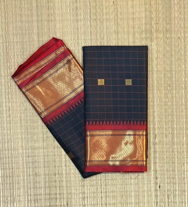 Midnight Black & Crimson Red Cotton-Silk Blend with Copper-Gold Zari