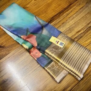 Ocean Mist Floral Silk Saree with Grand Gold Zari Border