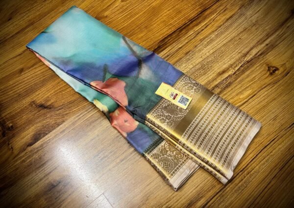 Ocean Mist Floral Silk Saree with Grand Gold Zari Border