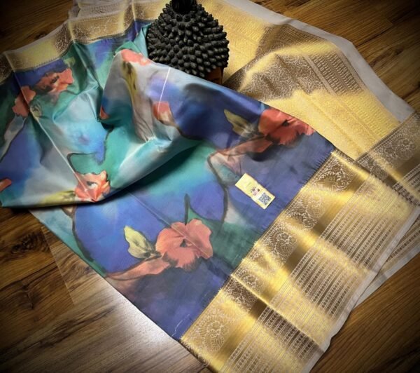 Ocean Mist Floral Silk Saree with Grand Gold Zari Border