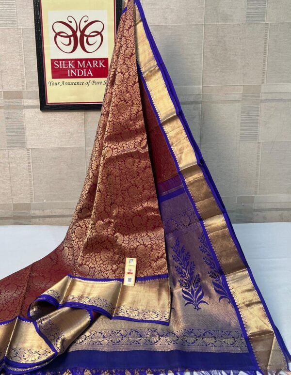 Regal Maroon Kanchipuram Silk Saree with Rich Gold Zari Weaving & Royal Blue Border