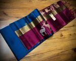 Royal Blue Silk Saree with Lime Green & Magenta Gold Zari Contrast Border