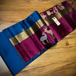 Royal Blue Silk Saree with Lime Green & Magenta Gold Zari Contrast Border