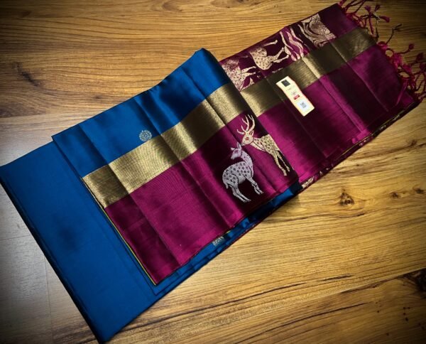 Royal Blue Silk Saree with Lime Green & Magenta Gold Zari Contrast Border