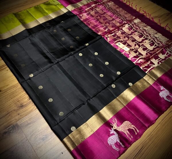 Classic Black Gold Zari Silk Saree with Rani Pink Deer Motif Border