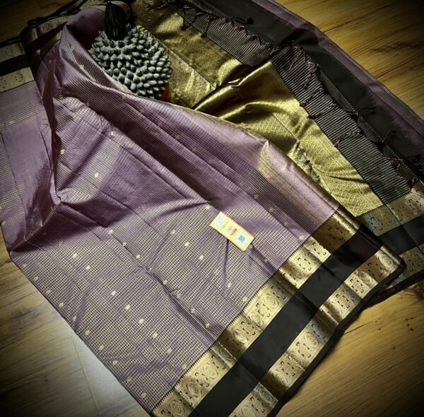 Elegant Mauve Gold Zari Silk Saree with Classic Black Border