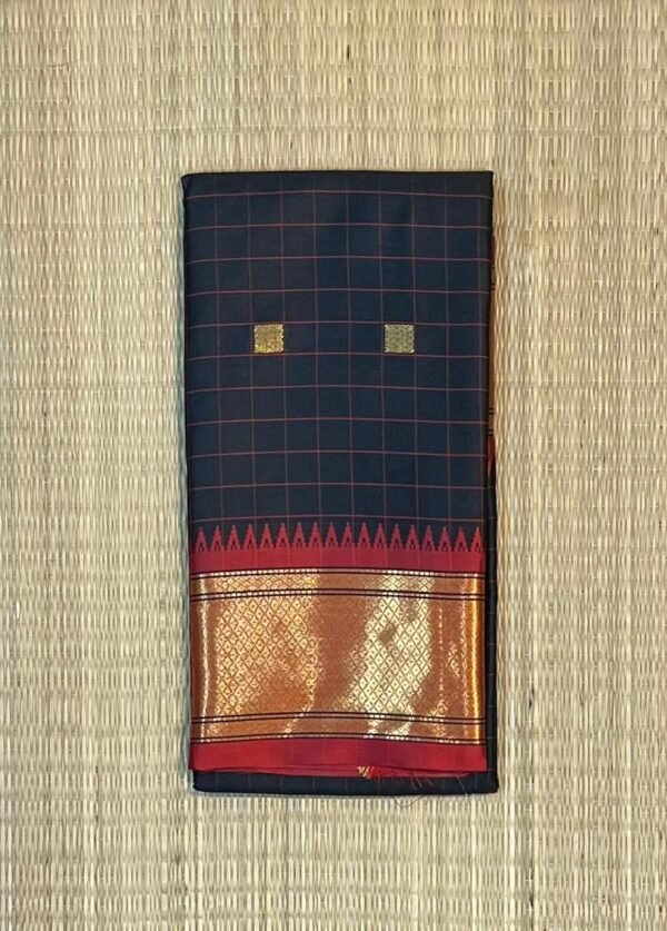 Midnight Black & Crimson Red Cotton-Silk Blend with Copper-Gold Zari